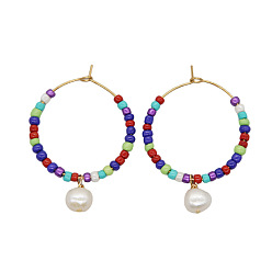 Разноцветный Овальные серьги-кольца из нержавеющей стали с пресноводным жемчугом, со стеклянными бисеринами, золотые, 45x30 мм
