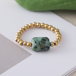 Камень с Зелеными Точками Регулируемые кольца из натуральной зелёной яшмы с бусинами из нержавеющей стали, золотые, внутренний диаметр: регулируемый