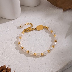 Золотой 304 Браслеты из нержавеющей стали и натурального пресноводного жемчуга для женщин, без кадмия, без никеля и без свинца, золотые, 6-3/4 дюйм (17.3 см)