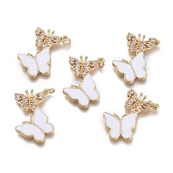 White Brass Micro Pave Clear Cubic Zirconia Pendants, with Enamel and Jump Rings, Butterfly, Golden, White, 28x18.5x3mm, Hole: 3mm