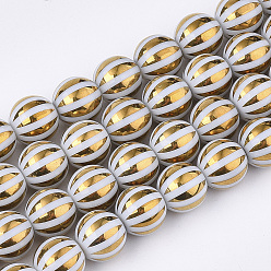 Золотистый Стеклянные бусины с гальваническим покрытием , круглый с полосой, золотые, 10x9.5 мм, отверстие : 1.2 мм, около 30 шт / нитка, 11.2 дюйм