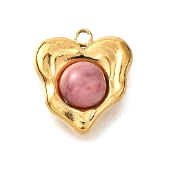Родонит Природные подвески родонит, 304 Подвески-сердечки из нержавеющей стали с текстурой, золотые, 14x13x5.5 мм, отверстие : 1.4 мм