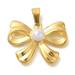 Настоящее золото 18K 304 подвески из нержавеющей стали, с пластиковой имитационной жемчужиной, очарование бантом, реальный 18 k позолоченный, 21x28x7 мм, отверстие : 7.5x3.5 мм
