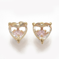 Pearl Pink Brass Cubic Zirconia Charms, Nickel Free, Heart, Real 18K Gold Plated, Pearl Pink, 10x8.5x6.5mm, Hole: 1mm