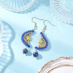 Синий Природные лазурит серьги болтаться, луна, со стеклом, золотые, синие, 62.5x17.5 мм