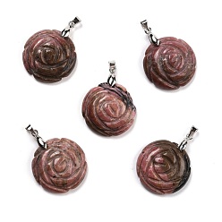 Родонит Природные подвески родонит, с латунной фурнитурой платинового цвета, плоские круглые с розовым рисунком, 32x25x8 мм