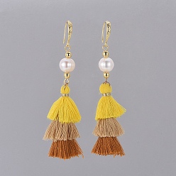 Yellow Polycotton Tassel Dangle Earrings, with Natural Cultured Freshwater Pearl Beads and  Brass Earring Hooks, Golden, Yellow, 74~75mm, pin: 0.7x1mm