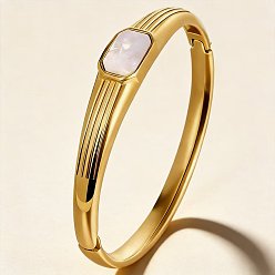 Golden 304 Stainless Steel Acrylic Rectangle Hinged Cuff Bangles for Women, White, Golden, Inner Diameter: 2.36 inch(6cm)