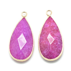 Средний Аквамарин Натурального белого нефрита подвески, с фурнитурой латунной золотого тона, граненые, капля, окрашенные, средний аквамарин, 32.5~33x16x6 мм, отверстие : 2.5 мм