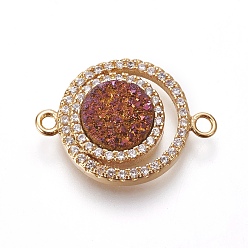 Sandy Brown Brass Micro Pave Cubic Zirconia Links connectors, with Natural Druzy Quartz, Flat Round, Golden, Sandy Brown, 20~22x14.5~15.5x3.5~4mm, Hole: 1.2mm