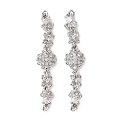 Платинированный Шармы-соединители из латуни с микропаве из прозрачного кубического циркония, цветок, Реальная платина, 53x11x3.5 мм, отверстие : 2.5 мм