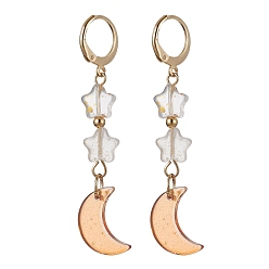 Оранжевый Серьги-подвески из стекла с луной и звездами на застежке 304 со булавками из нержавеющей стали, оранжевые, 55x11 мм