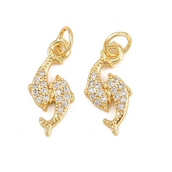 Real 18K Gold Plated Rack Plating Brass Micro Pave Cubic Zirconia Pendants, Lead Free & Cadmium Free, Dolphin, Real 18K Gold Plated, 16.5x8x2mm, Hole: 3mm