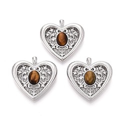 Платина Природных тигровый глаз подвески, подвески в форме сердца с латунными микропаве из прозрачных кубических цирконий, платина, 25.5x25x7.5~8 мм, отверстие : 2.5x1.8 мм
