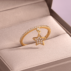 Звезда Кольца для женщин с микропаве из латуни и кубическими цирконами, золотые, звезда, 13x7 мм, размер США 7 (17.3 мм)