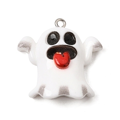 Ghost Halloween Printed Opaque Resin Pendants, with Platinum Iron Loops, Ghost Charm, 31x29x9.5mm, Hole: 2mm