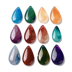 Natural Agate Dyed & Heated Natural Agate Pendants, Teardrop Charms, Mixed Color, 29.5~34x14~19x5~6mm, Hole: 1.6~1.8mm