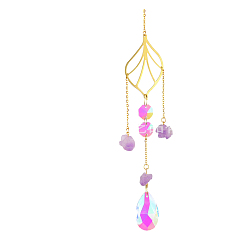 Лист Железные полые большие подвесные украшения, подвесные ловцы солнца, k9 хрустальное стекло, с латунной фурнитурой , для сада, свадьба, световой орнамент, лист, 400 мм