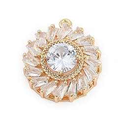 Настоящее золото 18K Латунные подвески, плоские круглые прелести, со стеклом, реальный 18 k позолоченный, 20.5x18x6.5 мм, отверстие : 1.4 мм