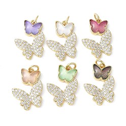 Настоящее золото 18K Подвески из латуни микропаве с фианитами и стеклом, бабочки прелести, стойки покрытие, долговечный, без кадмия и без свинца, с целью перехода в кольце, реальный 18 k позолоченный, 19.5x14.5x5.5 мм, отверстие : 3.5 мм
