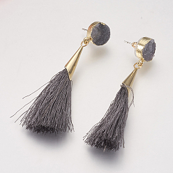 Gray Tassel Dangle Stud Earrings, with Brass Findings and Dyed Natural Druzy Crystal, Gray, 72~76mm, Pin: 0.8mm, Pendant: 60~63x7mm