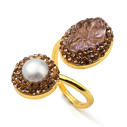 Golden Natural Pearl & Glass Nine Tailed Fox Open Cuff Ring with Rhinestone, Brass Ring for Women, Golden, Inner Diameter: 19mm