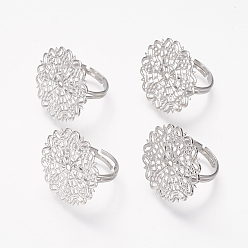 Platinum Brass Filigree Ring Bases, Adjustable, Lead Free, Cadmium Free and Nickel Free, Platinum Color, Plated,Size: Ring: 18~19mm in diameter, 1mm thick, Tray: about 25mm in diameter, 0.8mm thick