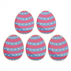 Pale Violet Red Spray Painted Brass Pendants, Christmas Theme, Oval with Stripe Pattern, Light Gold, Cadmium Free & Nickel Free & Lead Free, Pale Violet Red, 48x36x0.3mm, Hole: 1.6mm