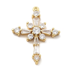 Настоящее золото 18K Латунные микропаве прозрачные подвески с фианитом, крестик, стойки покрытие, долговечный, без свинца и без кадмия, реальный 18 k позолоченный, 23.5x18.5x3.5 мм, отверстие : 0.8 мм