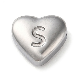 Letter S 201 Stainless Steel Beads, Stainless Steel Color, Heart, Letter S, 7x8x3.5mm, Hole: 1.5mm