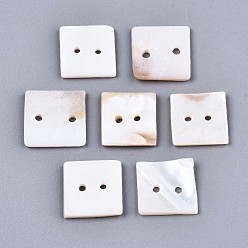 Морская Ракушка 2 кнопки оболочки отверстия пресноводные, квадратный, цвет морской раковины, 15~16x15~16x2 мм, отверстие : 1.4 мм