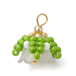 Белый Подвески из нейлоновой проволоки, стеклянных бусин ручной работы с акриловыми колпачками и латунными бусинами, цветок, белые, 14~15x13~15x13~14 мм, отверстие : 2.5x2 мм