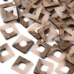 Antique White Resin & Walnut Wood Pendants, Rhombus, Antique White, 27x27x4mm, Hole: 2mm
