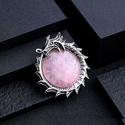 Rose Quartz Natural Rose Quartz Metal Flying Dragon Wrapped Pandants, Flat Round Charms, Antique Silver, 40mm