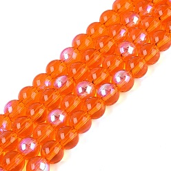 Оранжево-Красный Прозрачные стеклянные бусины гальваническим пряди, круглые, с покрытием цвета радуги, с половиным покрытием, оранжево-красный, 6~6.5 мм, отверстие : 0.8~1 мм, около 67~72 шт / нитка, 14.57~15.35 дюйм (37~39 см)
