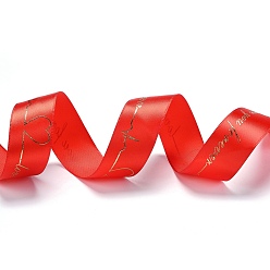 Red Polyester Ribbons, Single Face Printed, Heartbeat & Word Love You Pattern, for DIY Gift Packing, Red, 1 inch(26mm), about 50 yards/roll(45m/roll)