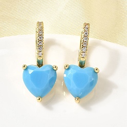 Светло-Голубой Серьги-кольца в форме сердца с микропаве из кубических цирконий из латуни, со стеклом, долговечный, стойки покрытие, золотые, Небесно-голубой, 23.5x10.5x11.5 мм