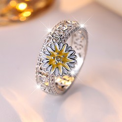 Platinum Brass Micro Pave Cubic Zirconia Finger Rings for Women, Flower, with Enamel, Platinum, US Size 7(17.3mm)