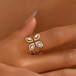 Настоящее золото 18K Латунные микропаве кубические цирконии манжеты открытые кольца для женщин, цветок, реальный 18 k позолоченный, внутренний диаметр: 16мм~18мм