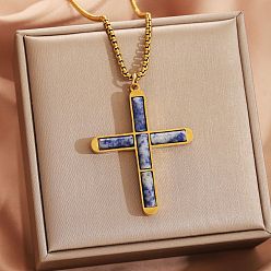 Содалитовое 304 Подвеска в виде религиозного креста из нержавеющей стали с натуральным содалитом., золотые, 21.65 дюйм (55 см)