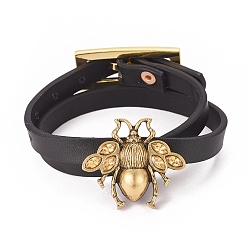 Black Imitation Leather Wrap Bracelets, 2-Loops, with Bee Alloy Finding and Watch Band Clasps, Black, 16.3 inch(41.5cm), 9x2.5mm