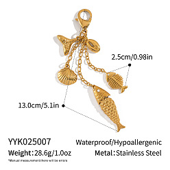 Золотой Пляжные подвесные украшения из нержавеющей стали, с карабин-лобстерами , ракушка и рыба, золотые, 130 мм