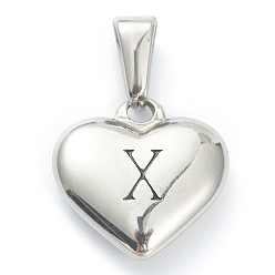 Letter X 304 Stainless Steel Pendants, Heart with Black Letter, Stainless Steel Color, Letter.X, 16x16x4.5mm, Hole: 7x3mm
