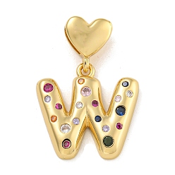 Letter W Латунные микро-паве красочные кубические циркониевые подвески, подвески в виде сердечек, реальный 18 k позолоченный, Буква W, 31 мм, отверстие : 6x3 мм, Кулон : 21x22x4 мм
