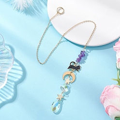 Золотой Подвесные ловцы солнца из каплевидного стекла и натурального аметиста, звенья из сплава Cat для наружного и садового декора, Луна и звезды, золотые, 411 мм