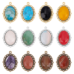 Mixed Stone DIY Oval Mixed Stone Pendant Making Kit, Include Zinc Alloy Pendant Settings, Natural & Synthetic Mixed Stone Cabochons, Cabochons: 25x18x6~7mm, 12pcs/box