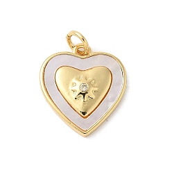 Настоящее золото 18K Подвески из латуни с натуральными белыми ракушками, подвески-сердечки с кольцами-прыгунами, долговечный, без свинца и без кадмия, стойки покрытие, реальный 18 k позолоченный, 16.5x15x3 мм, отверстие : 3 мм