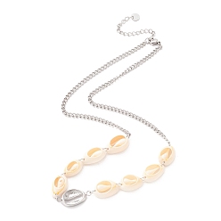 Platinum 304 Stainless Steel Necklaces, with Link Chain and Shell Link, for Women, Platinum, 41.7cm