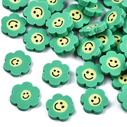 Medium Sea Green Handmade Polymer Clay Cabochons, Polymer Clay Slices for Resin Crafts & DIY Projects, Flower with Smile, Medium Sea Green, 9~10x9.5~10.5x2mm, about 5750pcs/1000g
