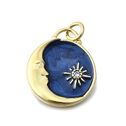 Луна Латунные микро проложить кубического циркония подвески, без кадмия и без свинца, с эмалью, плоско-круглые, реальный 16 k позолоченный, берлинская лазурь, Луна и звезды, 23x19.5x3 мм